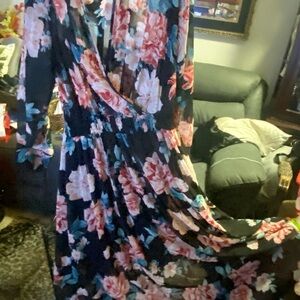 Pink and Orange Floral Long Sleeve Sundress for Wedding Guest